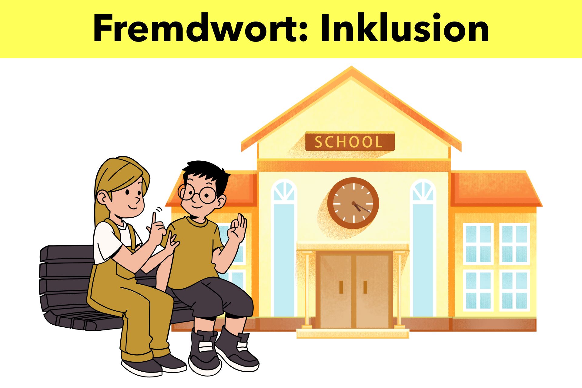 Fremdwort: Inklusion Bild mit Schülern vor einer Schule